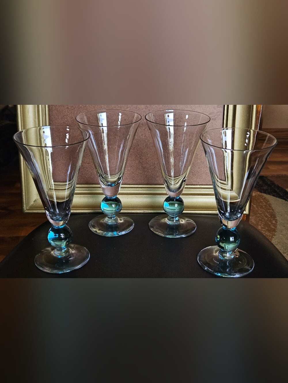 4 Bryce "Apollo" Water Goblets Glasses, Cerulean Blue Ball Stem, 7", MCM